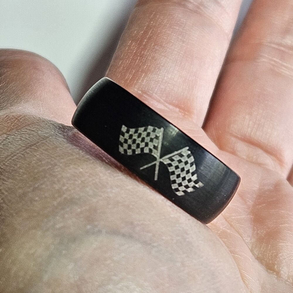 Black Racing Crossed Flag Tungsten Carbide Ring Size 10